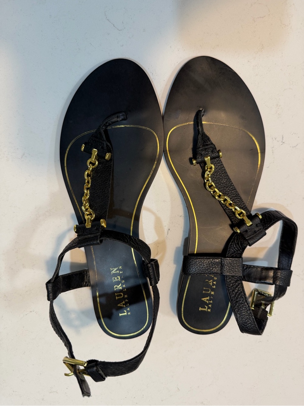 Lauren Ralph Lauren Black Leather Sandals with Gold Chain Accent
